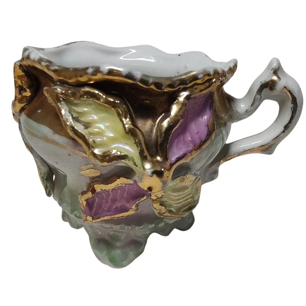 Vintage Bone China Demitasse Cup Green Pink Raised Flowers Footed Two Inches SEE